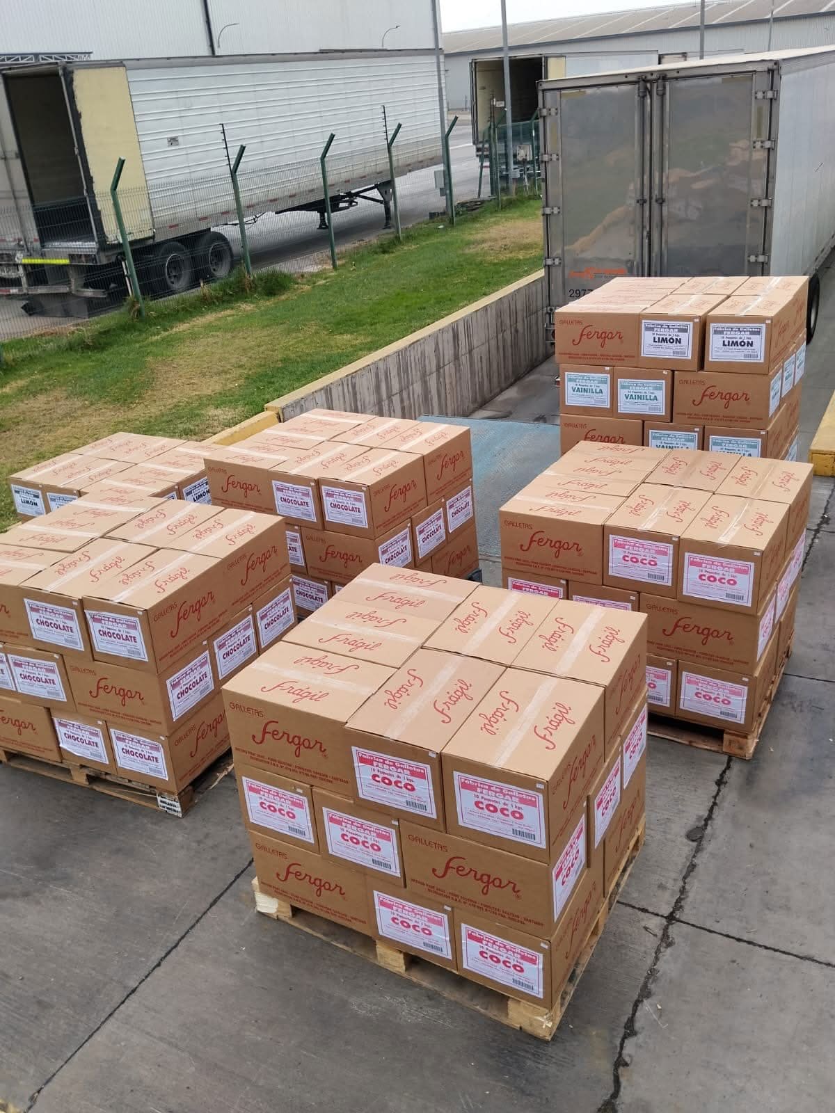 Pallets de cajas de Galletas Fergar rotulados por sabor en el patio de la bodega